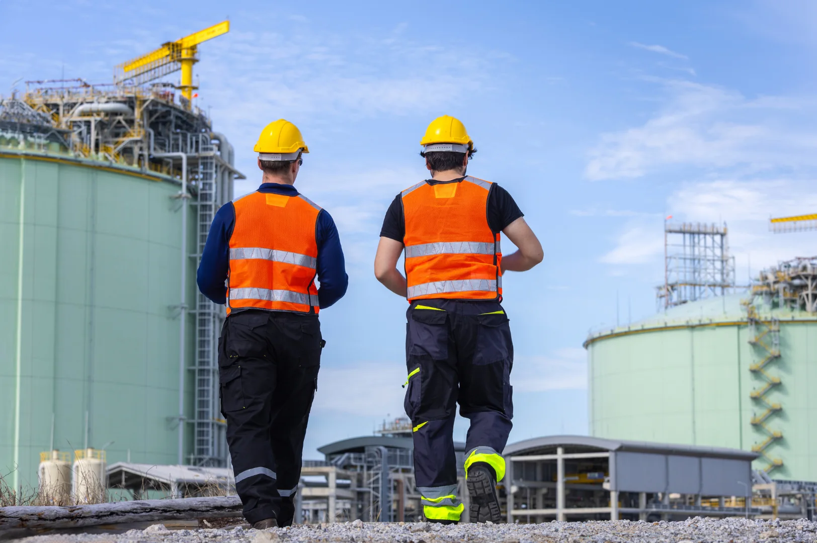 Industrial field team working beside storage equipment